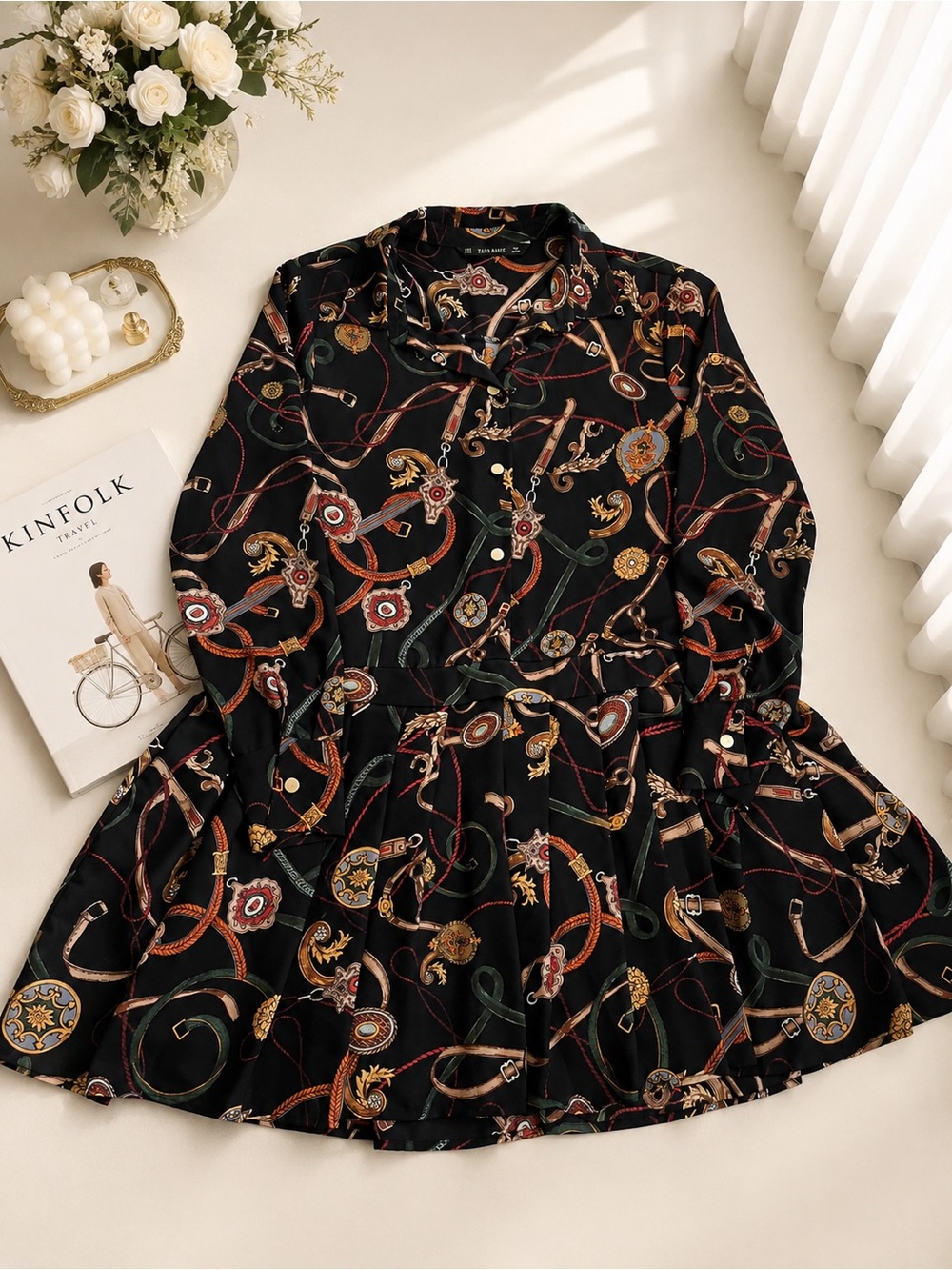 ZARA Basic Equestrian Chain & Harness Print Shirt Dress Belted Long Sleeve